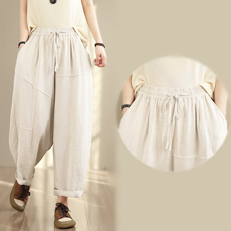 Nimara Ritual Women's Fall Plain Color Drawstring Cotton Linen 7-8 Length Pants With Pockets