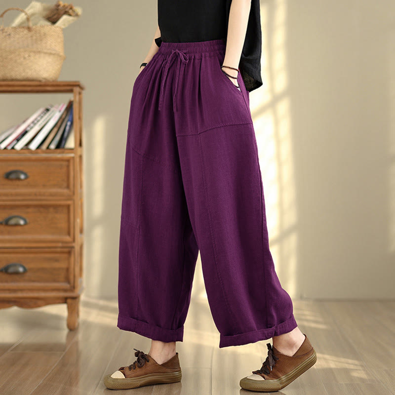 Nimara Ritual Women's Fall Plain Color Drawstring Cotton Linen 7-8 Length Pants With Pockets