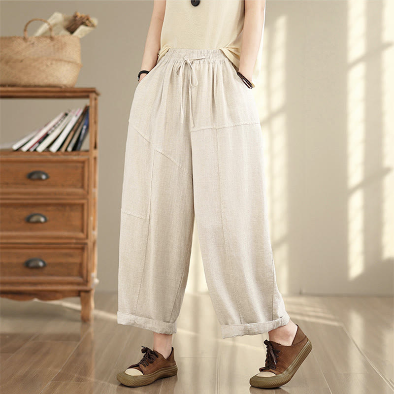 Nimara Ritual Women's Fall Plain Color Drawstring Cotton Linen 7-8 Length Pants With Pockets