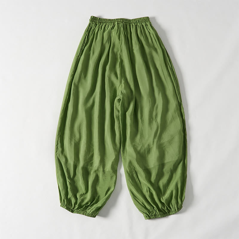 Nimara Ritual Summer Green Ankle-Length Cotton Drawstring Women's Pants With Pockets