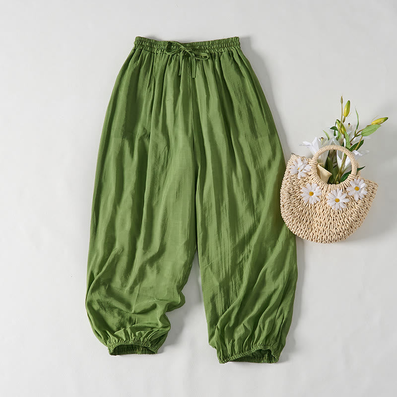 Nimara Ritual Summer Green Ankle-Length Cotton Drawstring Women's Pants With Pockets