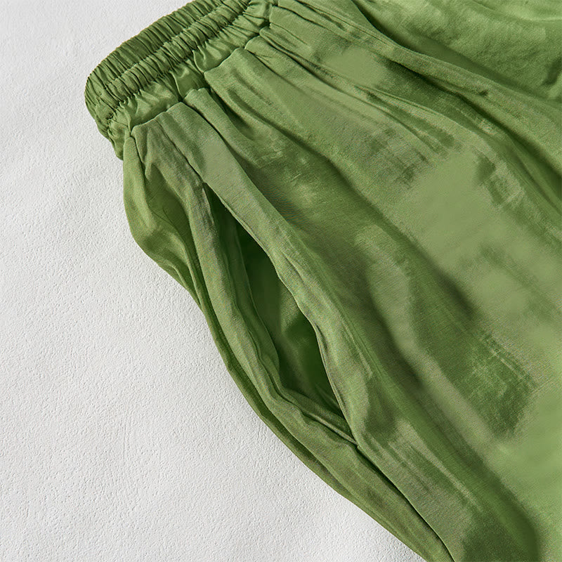 Nimara Ritual Summer Green Ankle-Length Cotton Drawstring Women's Pants With Pockets