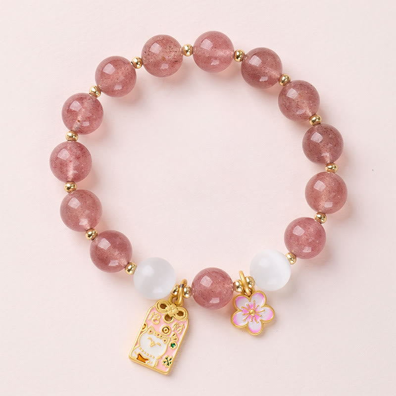Nimara Ritual Lucky Cat Peach Blossoms Charm Strawberry Quartz White Cat's Eye Healing Bracelet
