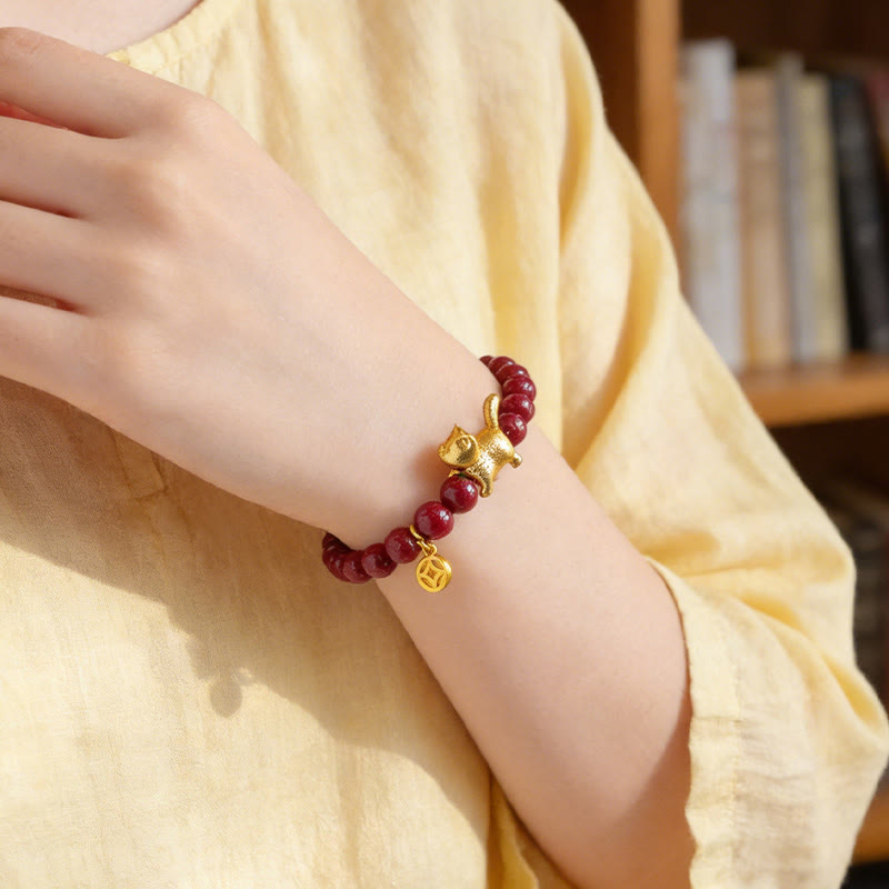 Nimara Ritual Cute Lucky Cat Charm Garnet Cinnabar Calm Protection Beaded Bracelet