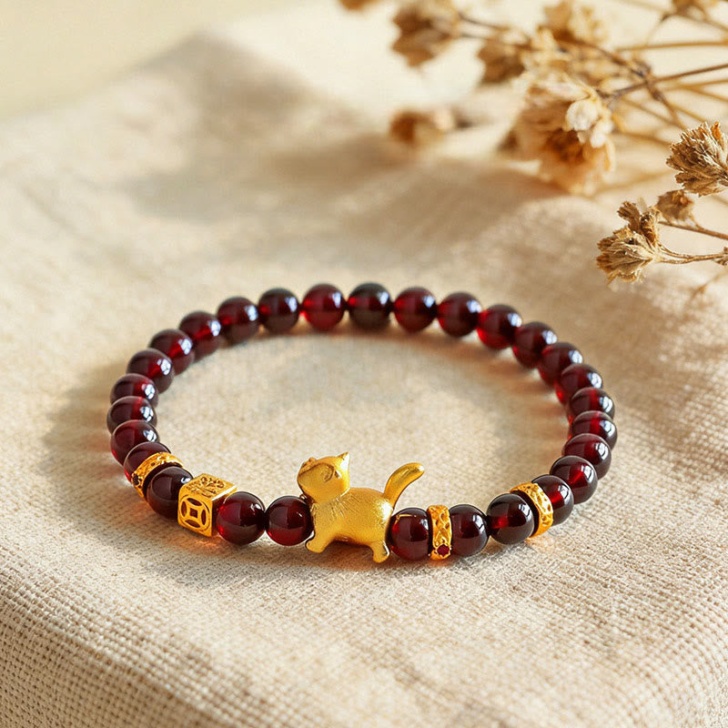 Nimara Ritual Cute Lucky Cat Charm Garnet Cinnabar Calm Protection Beaded Bracelet