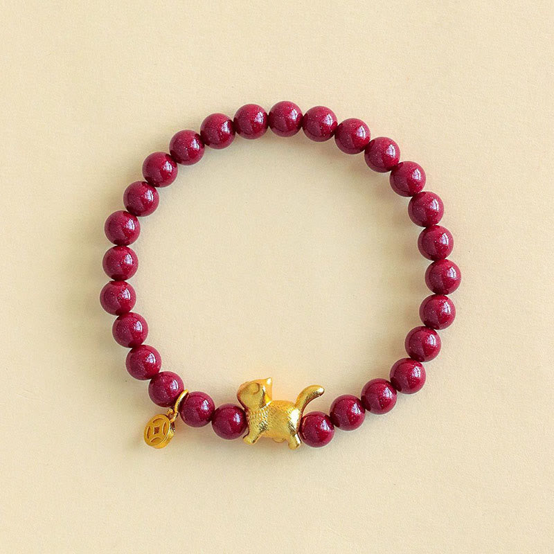 Nimara Ritual Cute Lucky Cat Charm Garnet Cinnabar Calm Protection Beaded Bracelet