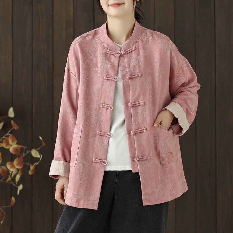 Nimara Ritual Fall Floral Print Frog-Button Stand Collar Long Sleeve Women's Cotton Shirt