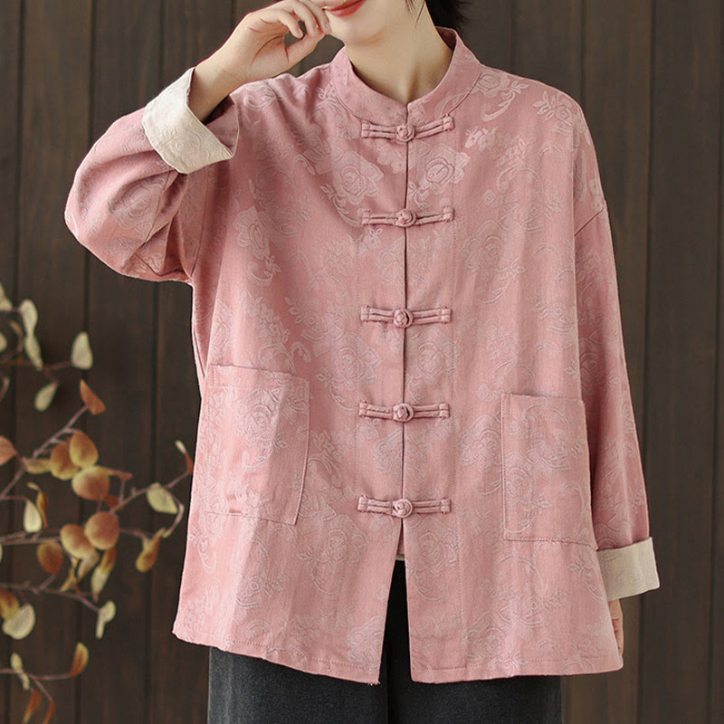 Nimara Ritual Fall Floral Print Frog-Button Stand Collar Long Sleeve Women's Cotton Shirt
