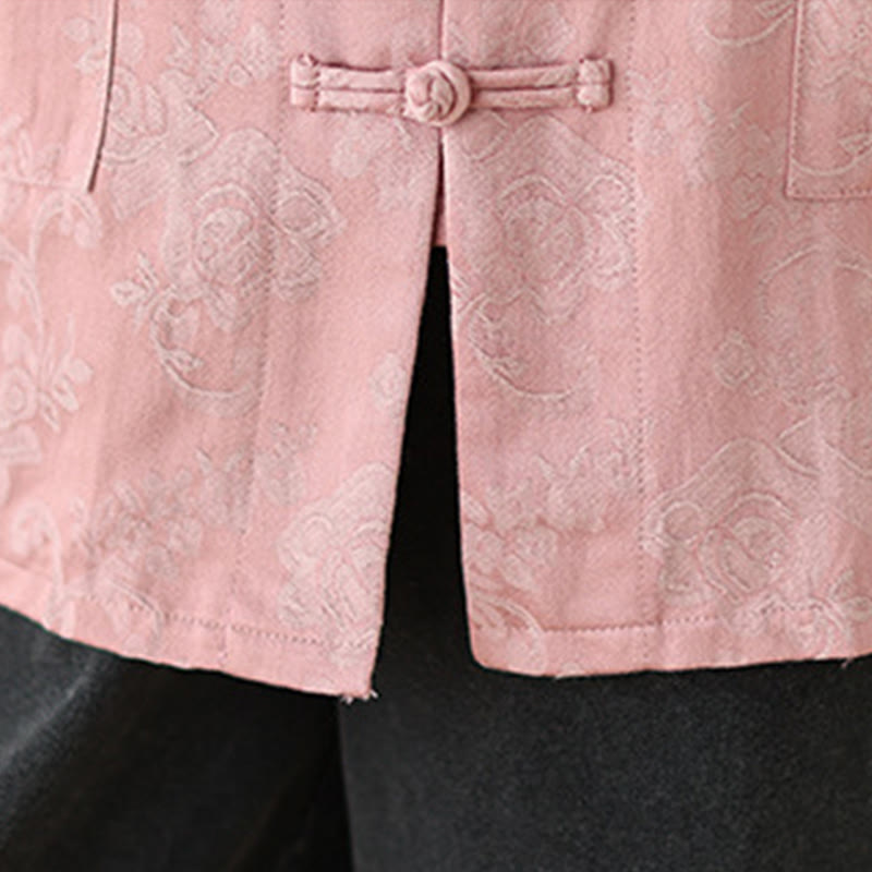 Nimara Ritual Fall Floral Print Frog-Button Stand Collar Long Sleeve Women's Cotton Shirt