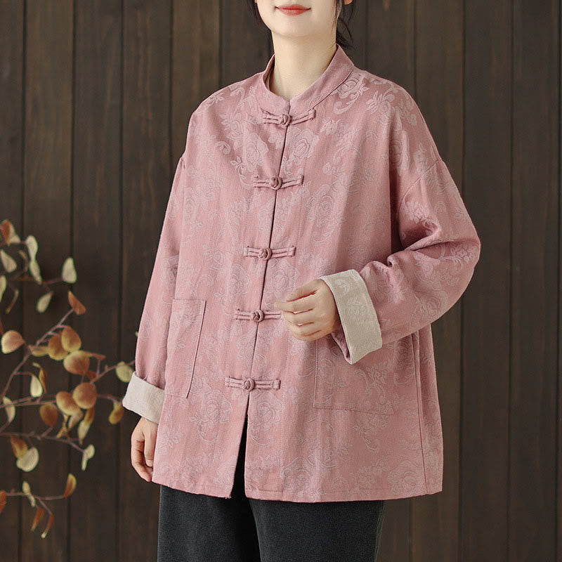 Nimara Ritual Fall Floral Print Frog-Button Stand Collar Long Sleeve Women's Cotton Shirt