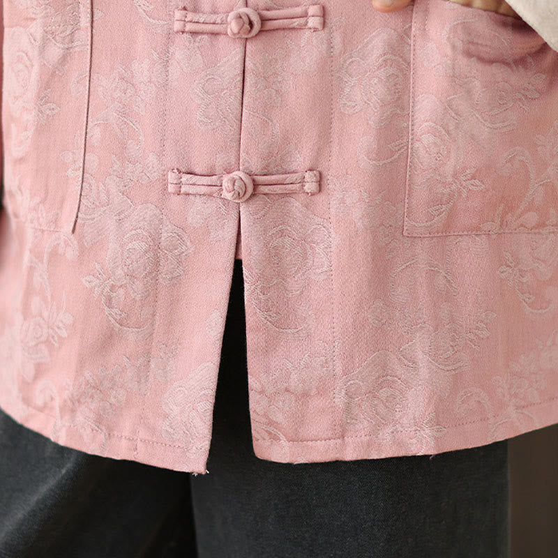 Nimara Ritual Fall Floral Print Frog-Button Stand Collar Long Sleeve Women's Cotton Shirt