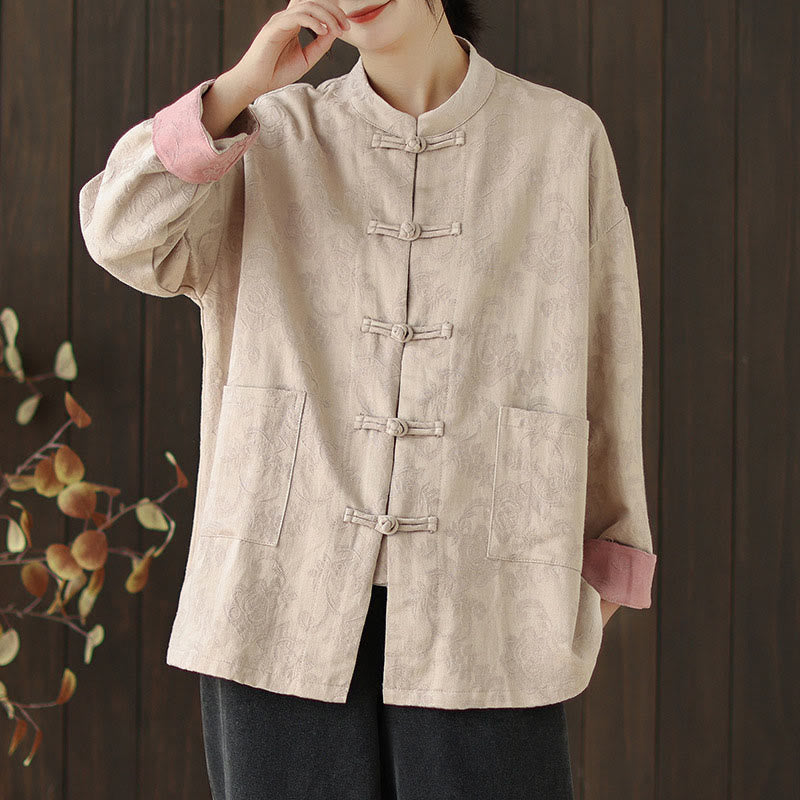 Nimara Ritual Fall Floral Print Frog-Button Stand Collar Long Sleeve Women's Cotton Shirt