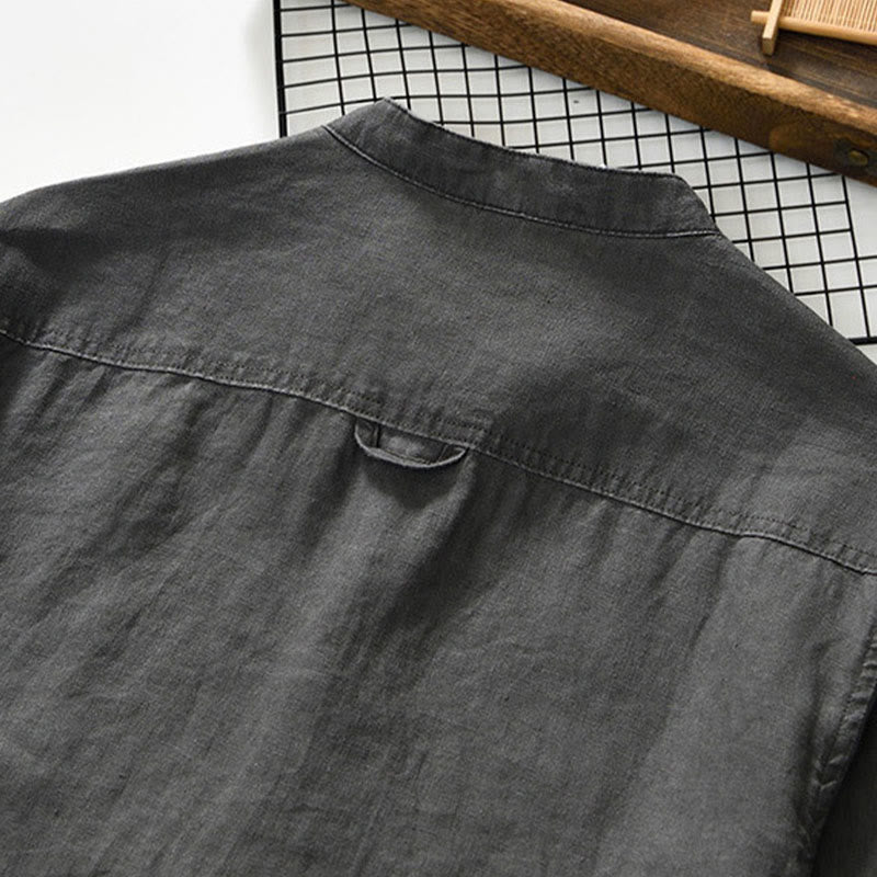 Nimara Ritual Fall Solid Color Buttons Down Stand Collar Three Quarter Sleeve Linen Men's Shirt With Pockets