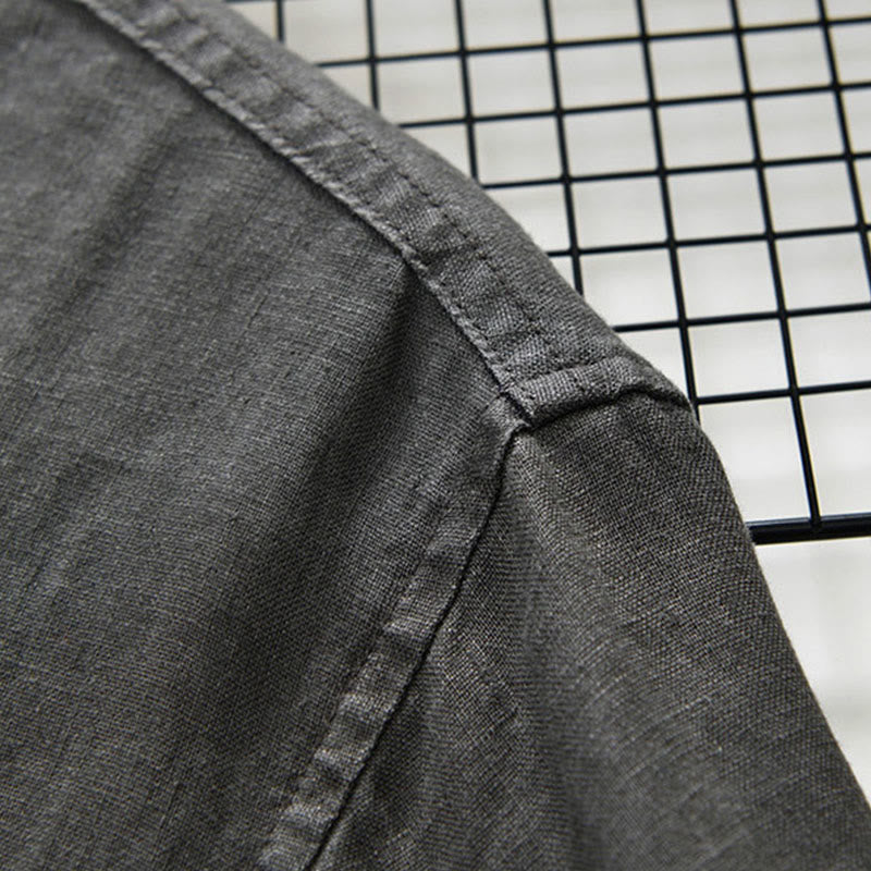 Nimara Ritual Fall Solid Color Buttons Down Stand Collar Three Quarter Sleeve Linen Men's Shirt With Pockets