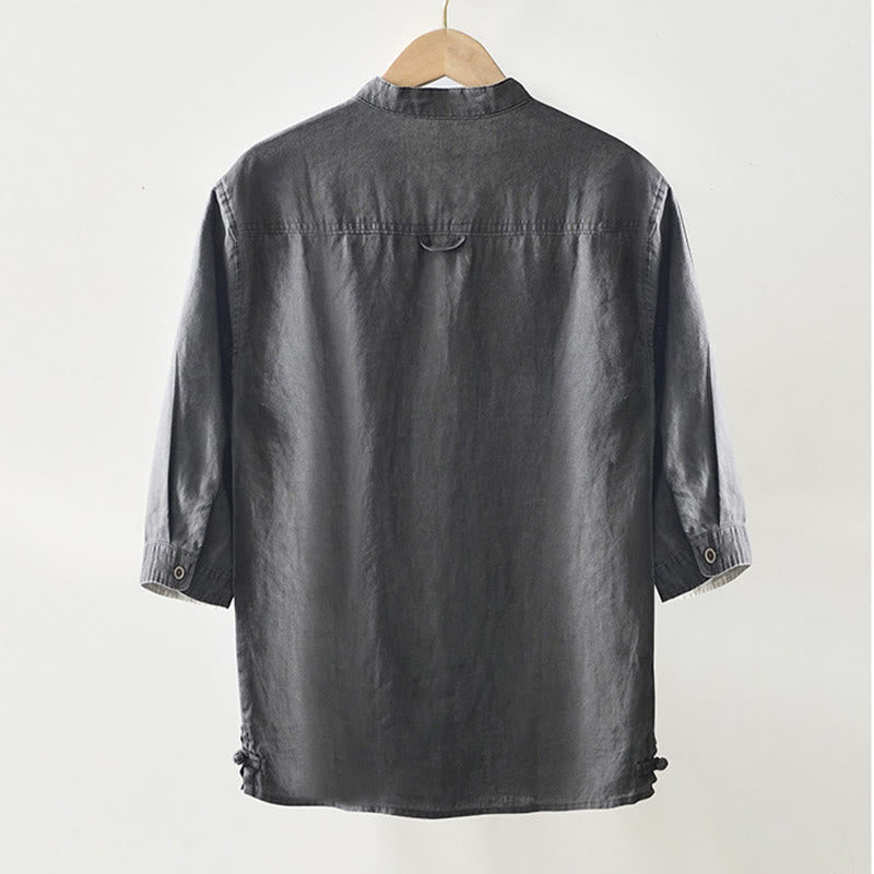 Nimara Ritual Fall Solid Color Buttons Down Stand Collar Three Quarter Sleeve Linen Men's Shirt With Pockets
