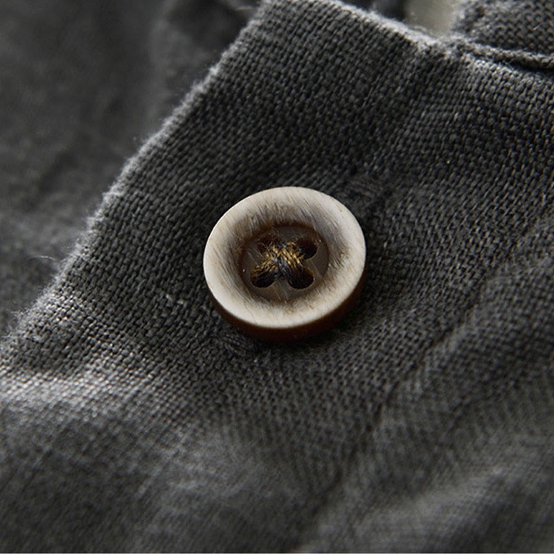Nimara Ritual Fall Solid Color Buttons Down Stand Collar Three Quarter Sleeve Linen Men's Shirt With Pockets