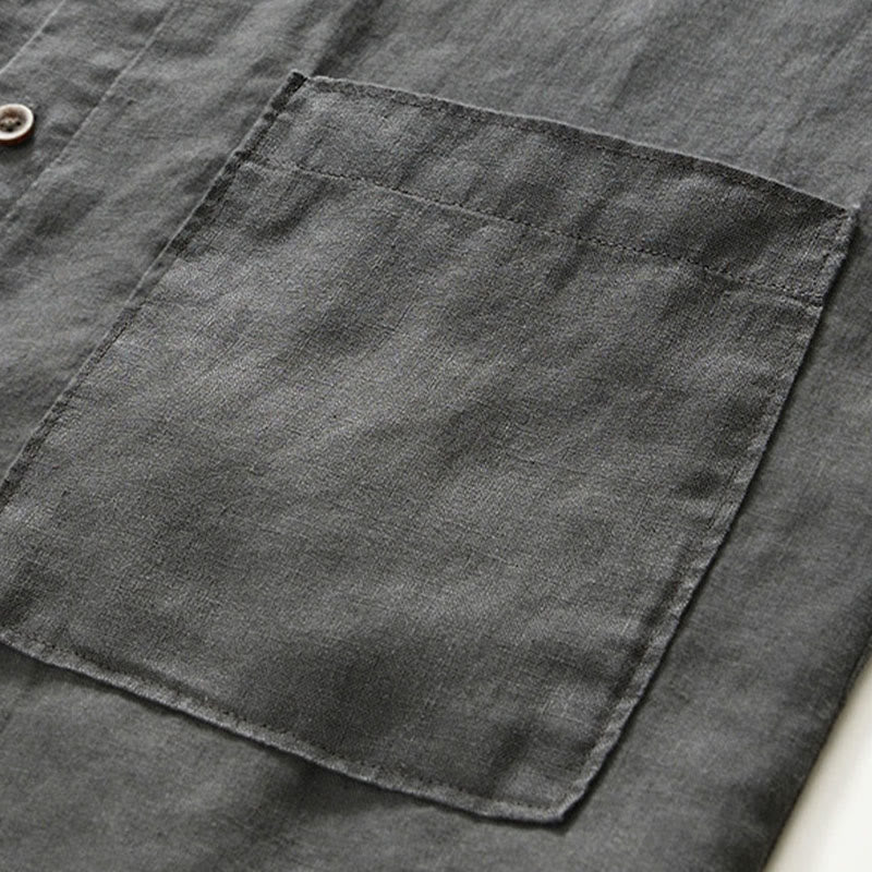 Nimara Ritual Fall Solid Color Buttons Down Stand Collar Three Quarter Sleeve Linen Men's Shirt With Pockets