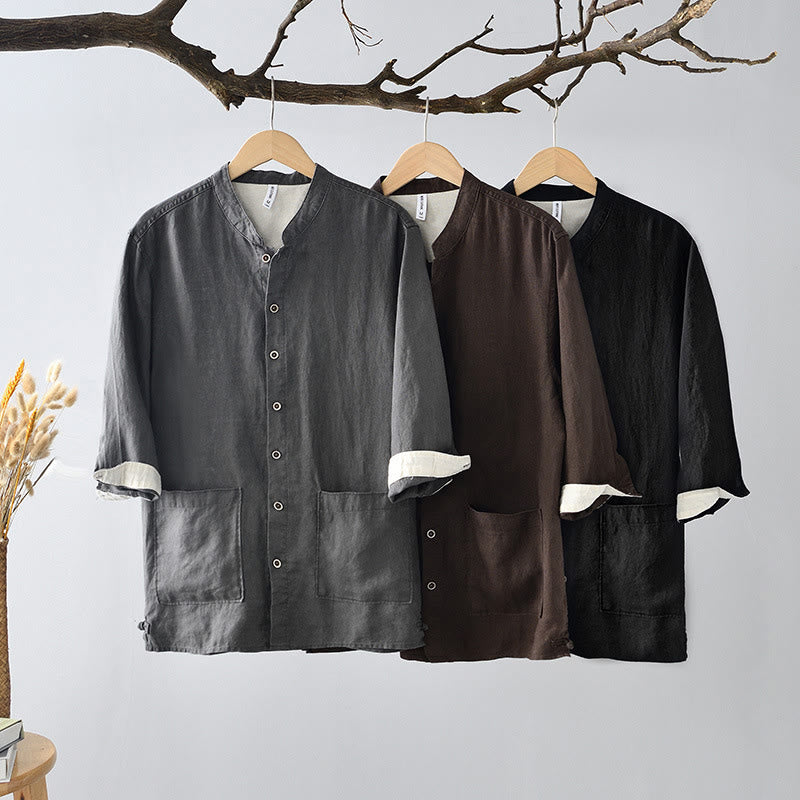 Nimara Ritual Fall Solid Color Buttons Down Stand Collar Three Quarter Sleeve Linen Men's Shirt With Pockets