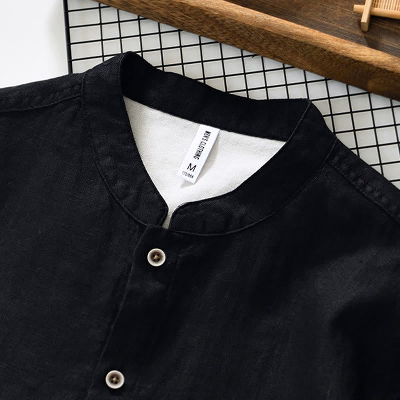 Nimara Ritual Fall Solid Color Buttons Down Stand Collar Three Quarter Sleeve Linen Men's Shirt With Pockets