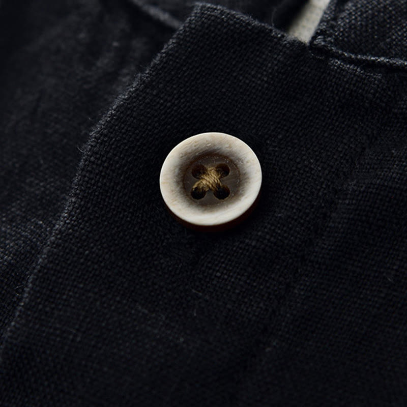 Nimara Ritual Fall Solid Color Buttons Down Stand Collar Three Quarter Sleeve Linen Men's Shirt With Pockets
