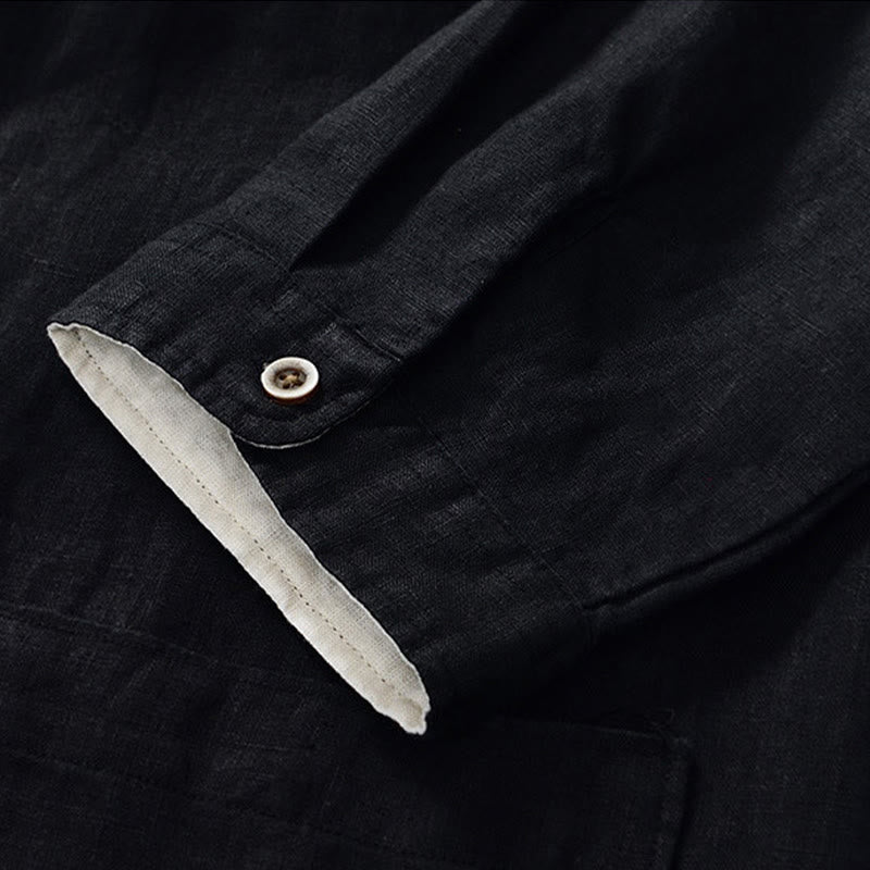 Nimara Ritual Fall Solid Color Buttons Down Stand Collar Three Quarter Sleeve Linen Men's Shirt With Pockets