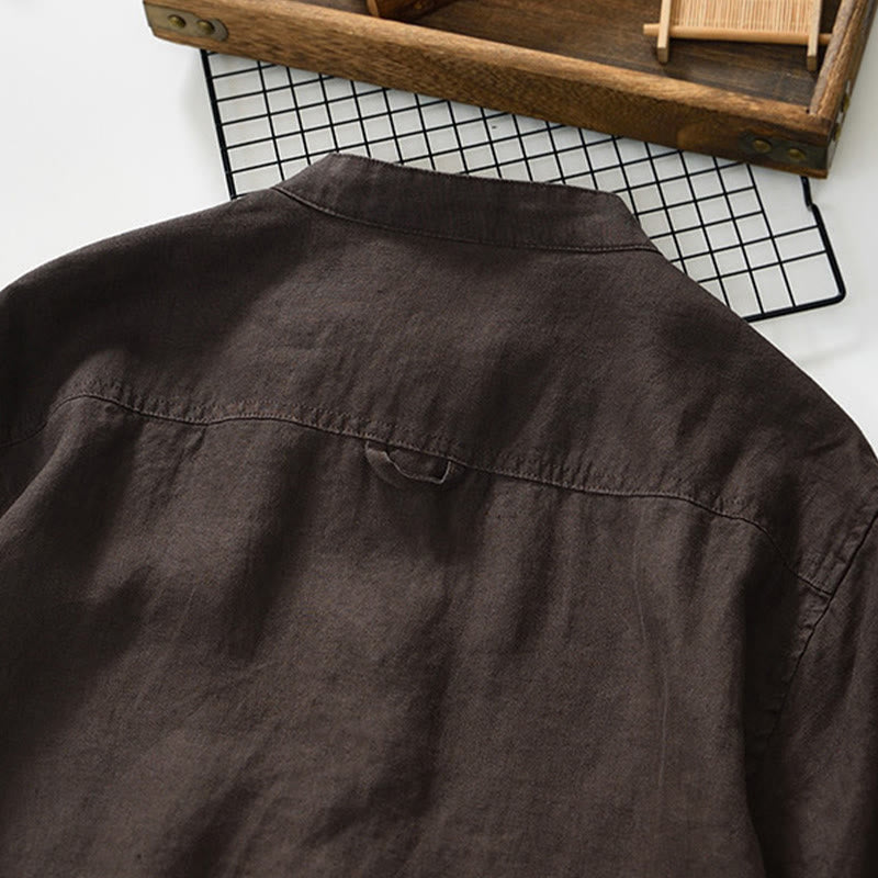 Nimara Ritual Fall Solid Color Buttons Down Stand Collar Three Quarter Sleeve Linen Men's Shirt With Pockets