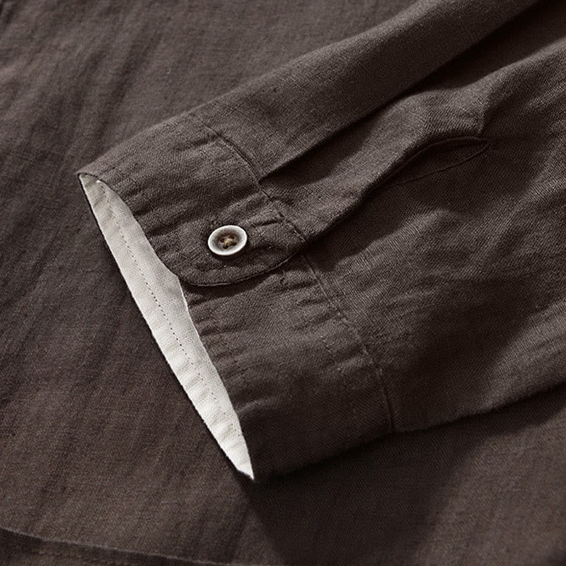 Nimara Ritual Fall Solid Color Buttons Down Stand Collar Three Quarter Sleeve Linen Men's Shirt With Pockets