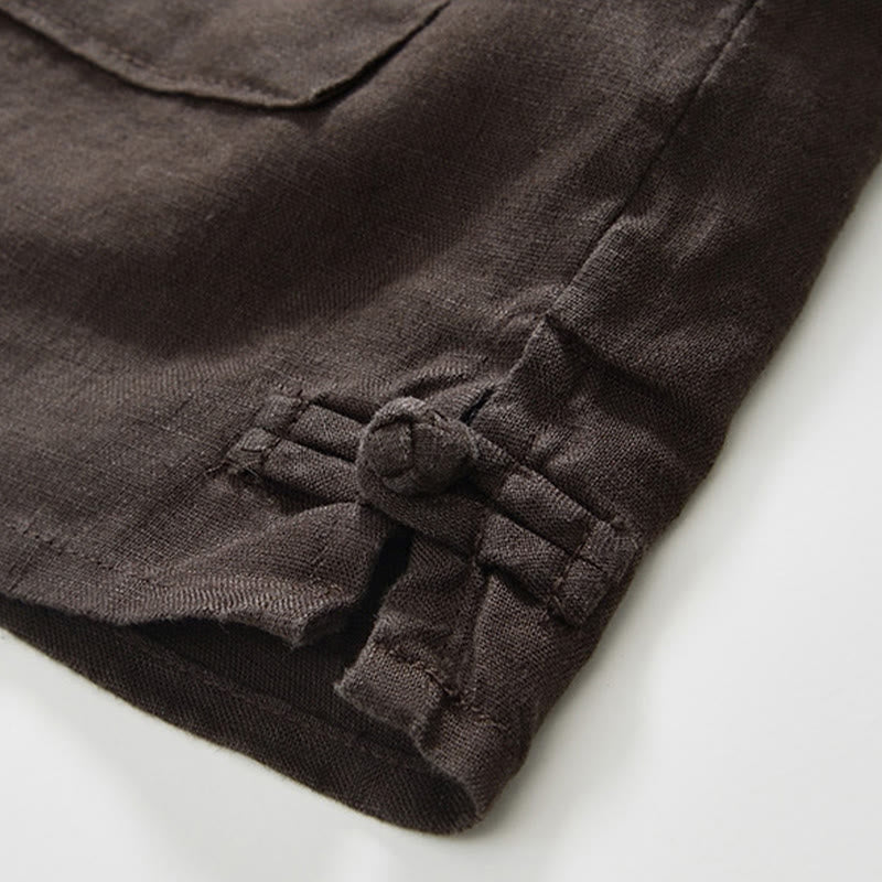 Nimara Ritual Fall Solid Color Buttons Down Stand Collar Three Quarter Sleeve Linen Men's Shirt With Pockets