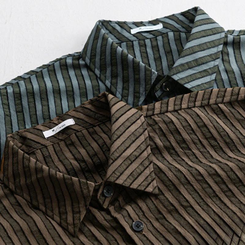 Nimara Ritual Vintage Striped Buttons Down Stand Collar Long Sleeve Men's Cotton Shirt