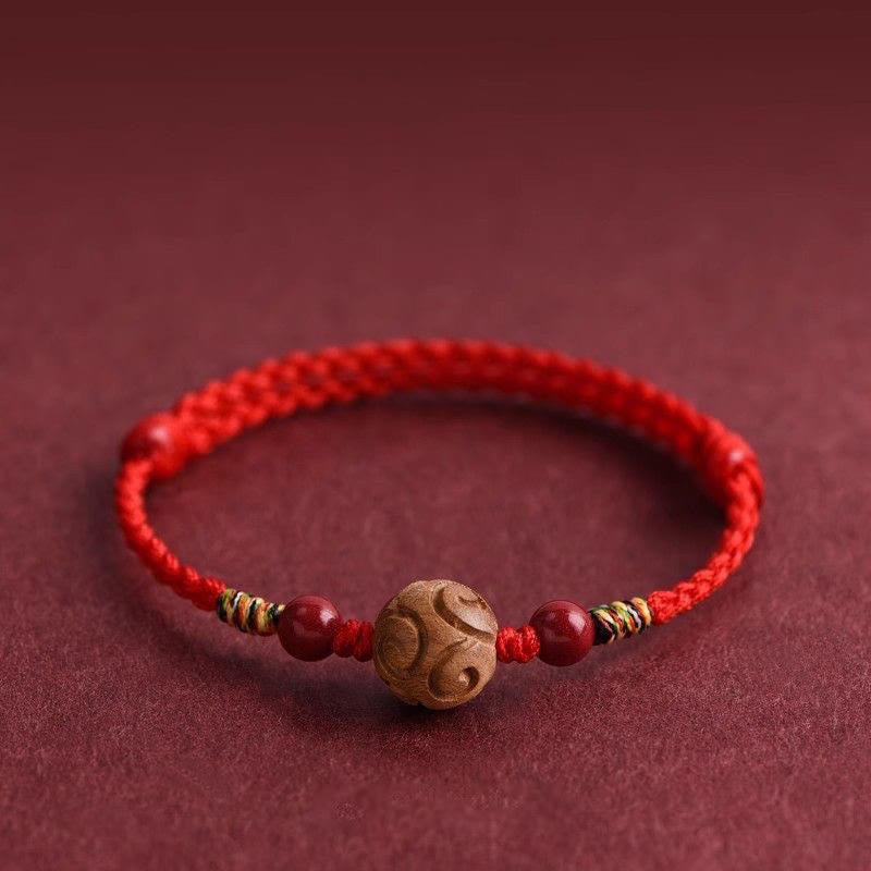 Nimara Ritual Carved Auspicious Pattern Natural Peach Wood Rope Luck Bracelet