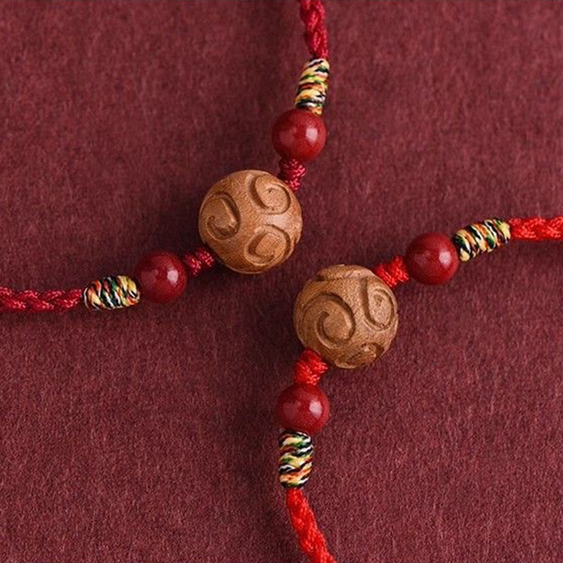 Nimara Ritual Carved Auspicious Pattern Natural Peach Wood Rope Luck Bracelet