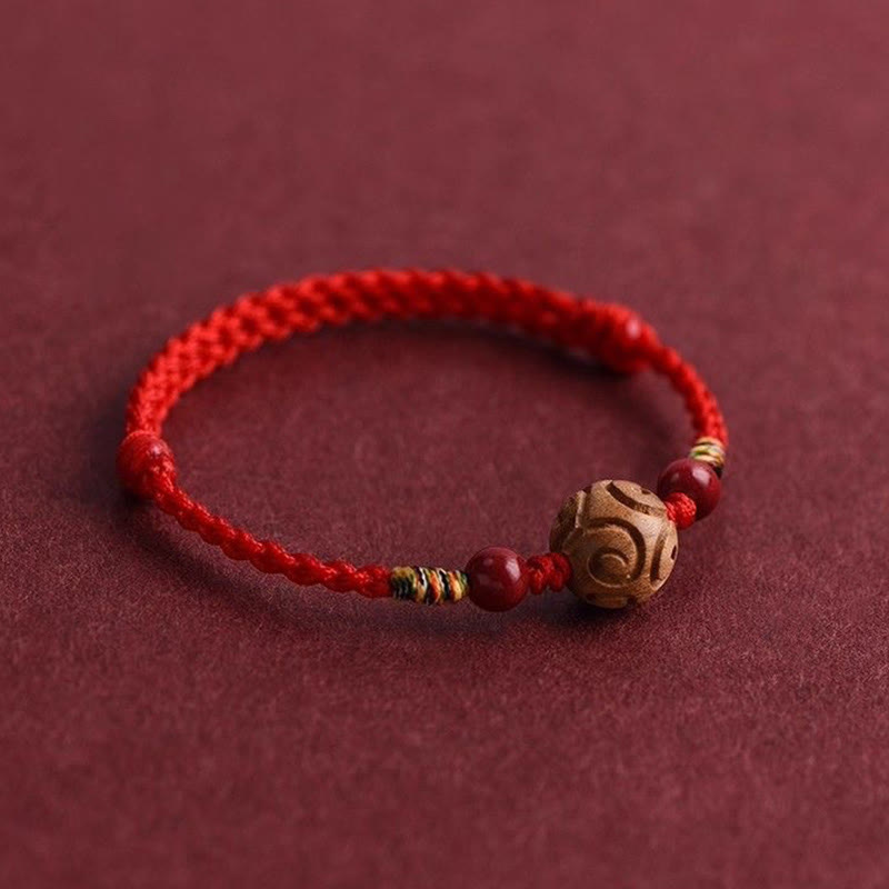 Nimara Ritual Carved Auspicious Pattern Natural Peach Wood Rope Luck Bracelet