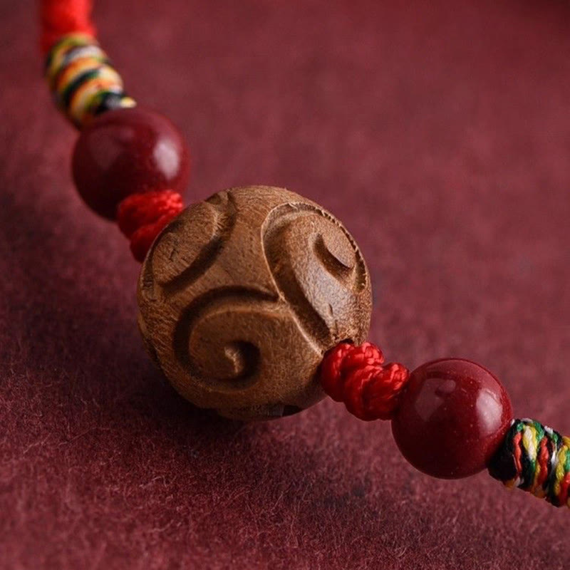 Nimara Ritual Carved Auspicious Pattern Natural Peach Wood Rope Luck Bracelet
