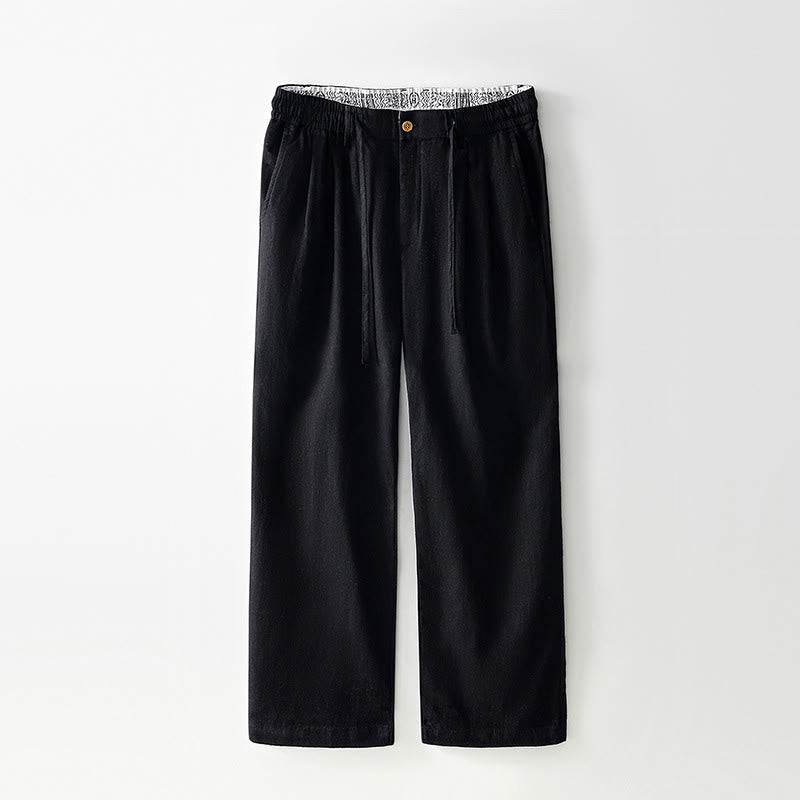Nimara Ritual Fall Solid Drawstring Zipper Men's Linen Wide Leg Pants With Pockets