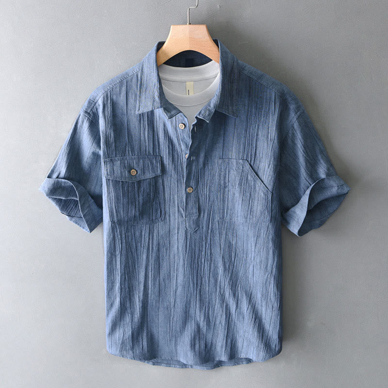 Nimara Ritual Summer Solid Pleated Design Men's Half Button Short Sleeve Cotton Ramie Shirt