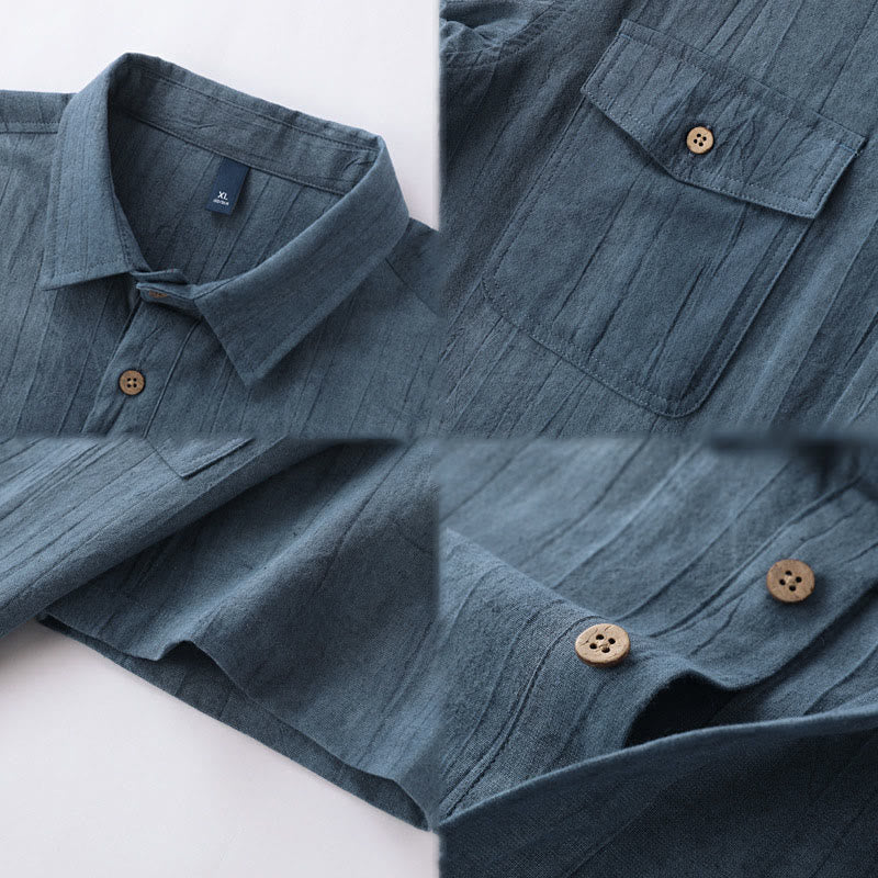 Nimara Ritual Summer Solid Pleated Design Men's Half Button Short Sleeve Cotton Ramie Shirt