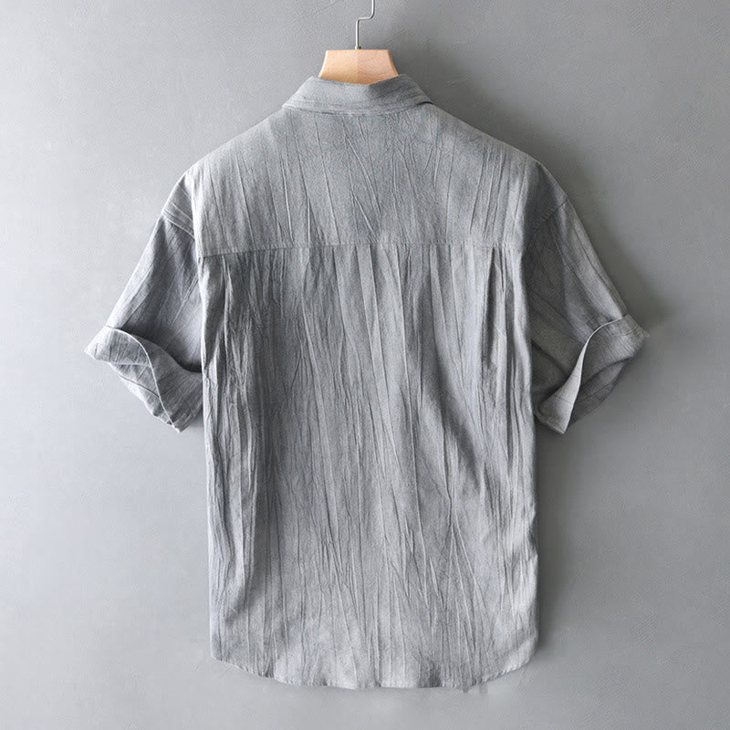 Nimara Ritual Summer Solid Pleated Design Men's Half Button Short Sleeve Cotton Ramie Shirt