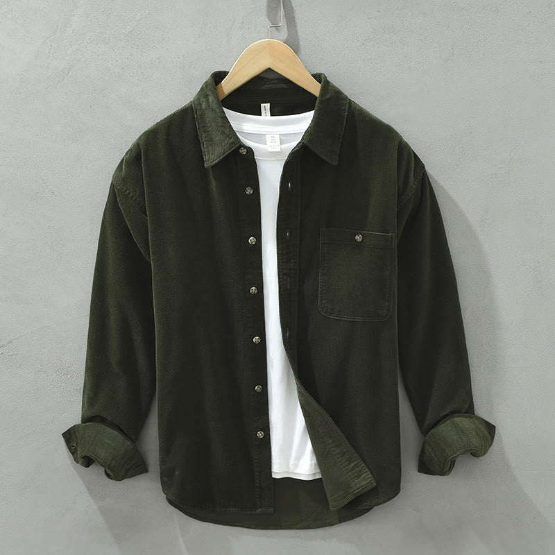 Nimara Ritual Fall Decorative Pocket Buttons Down Stand Collar Long Sleeve Men's Cotton Corduroy Shirt