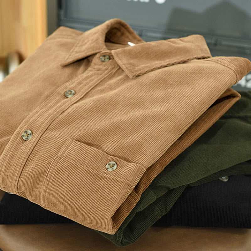 Nimara Ritual Fall Decorative Pocket Buttons Down Stand Collar Long Sleeve Men's Cotton Corduroy Shirt