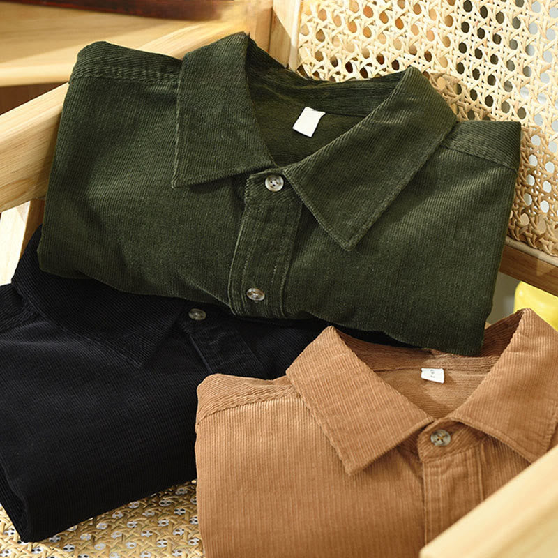 Nimara Ritual Fall Decorative Pocket Buttons Down Stand Collar Long Sleeve Men's Cotton Corduroy Shirt