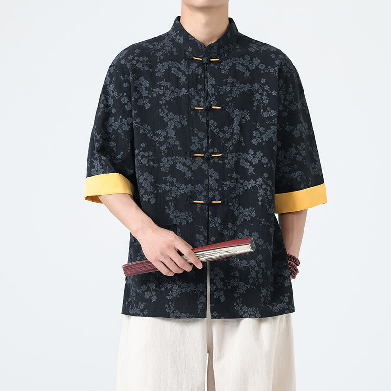 Nimara Ritual Summer Peach Blossoms Pattern Chinese Frog-Button Cotton Linen Short Sleeve Men's Shirt