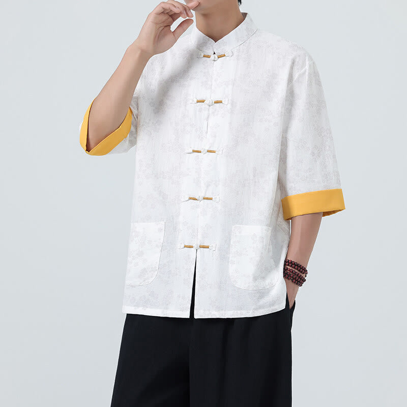 Nimara Ritual Summer Peach Blossoms Pattern Chinese Frog-Button Cotton Linen Short Sleeve Men's Shirt