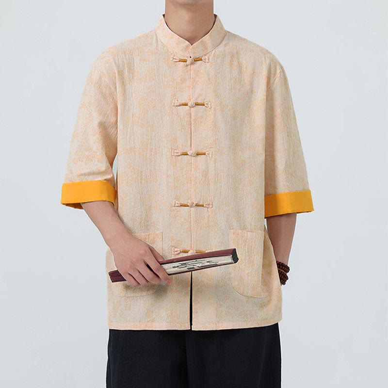 Nimara Ritual Summer Peach Blossoms Pattern Chinese Frog-Button Cotton Linen Short Sleeve Men's Shirt
