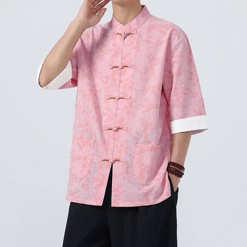 Nimara Ritual Summer Peach Blossoms Pattern Chinese Frog-Button Cotton Linen Short Sleeve Men's Shirt