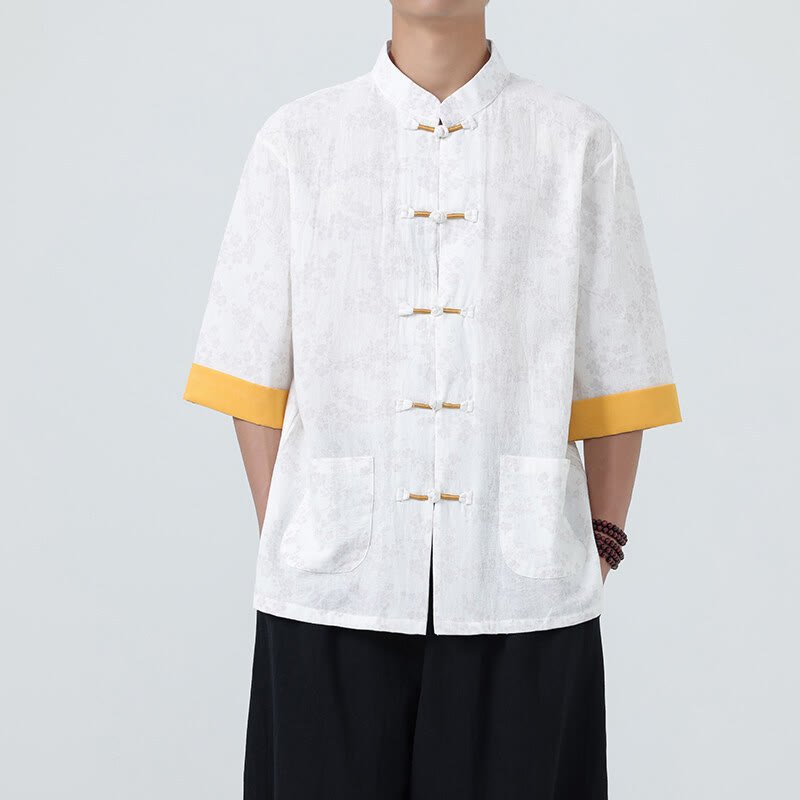 Nimara Ritual Summer Peach Blossoms Pattern Chinese Frog-Button Cotton Linen Short Sleeve Men's Shirt