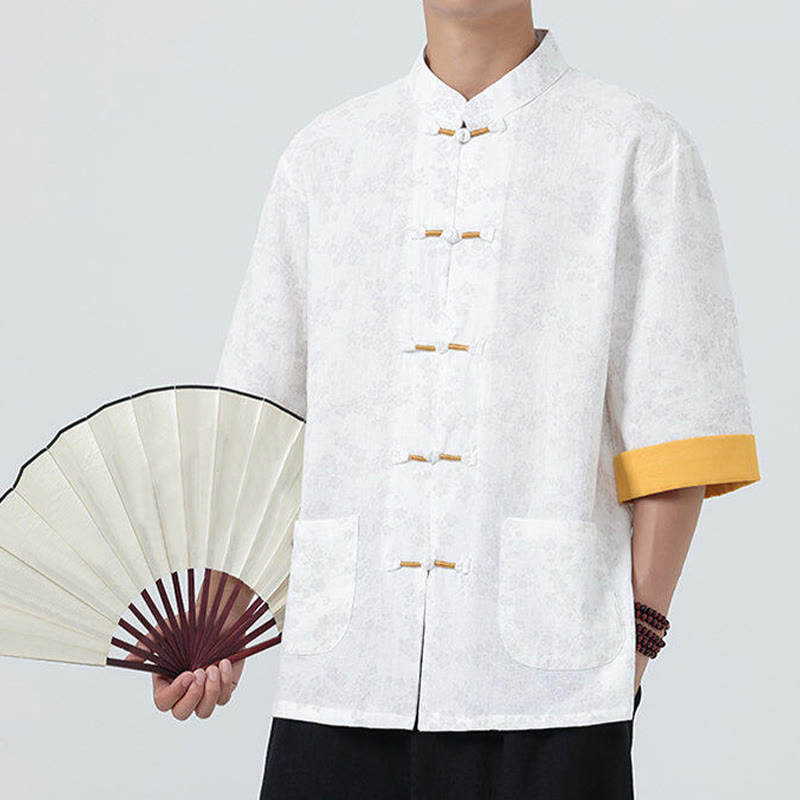 Nimara Ritual Summer Peach Blossoms Pattern Chinese Frog-Button Cotton Linen Short Sleeve Men's Shirt