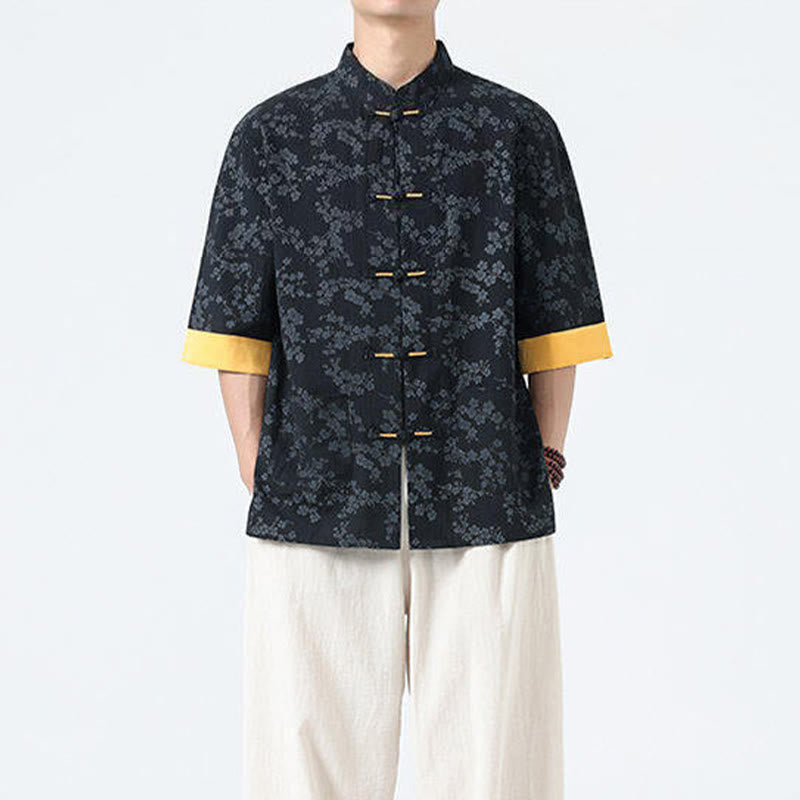 Nimara Ritual Summer Peach Blossoms Pattern Chinese Frog-Button Cotton Linen Short Sleeve Men's Shirt