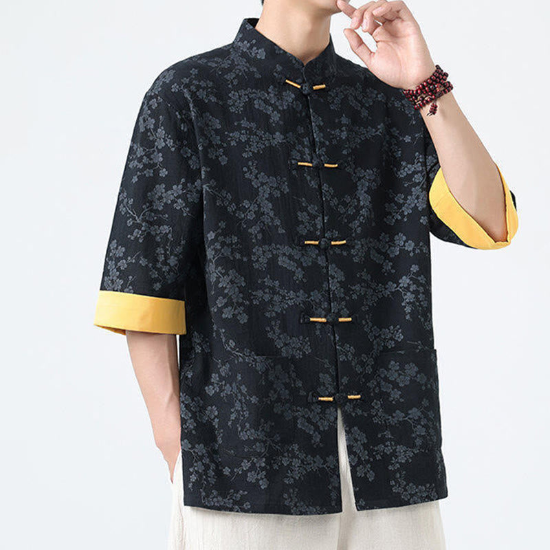 Nimara Ritual Summer Peach Blossoms Pattern Chinese Frog-Button Cotton Linen Short Sleeve Men's Shirt