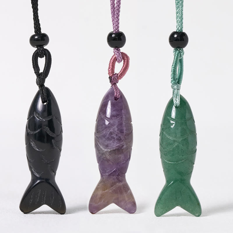 Nimara Ritual Carving Koi Fish Pink Crystal Indian Agate Amethyst Warmth Prosperity Necklace Pendant