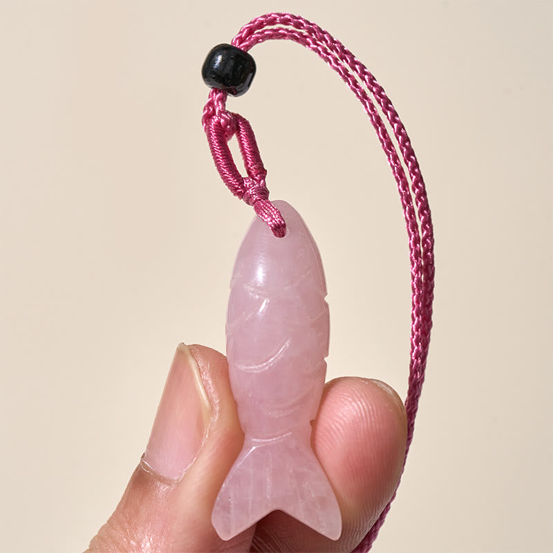 Nimara Ritual Carving Koi Fish Pink Crystal Indian Agate Amethyst Warmth Prosperity Necklace Pendant